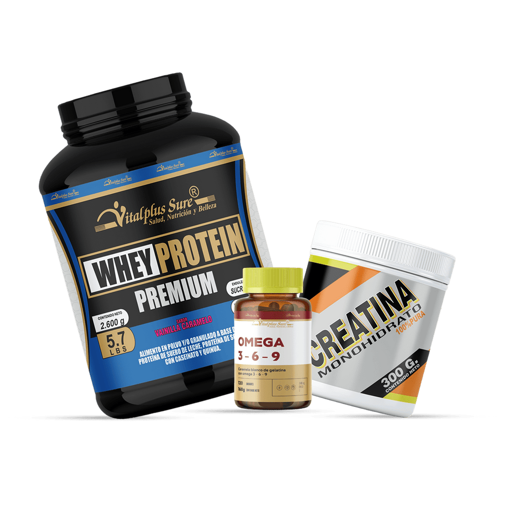 Whey Protein Premium 2600 gr + Creatina + Cápsulas de Omega 3 - 6 - 9