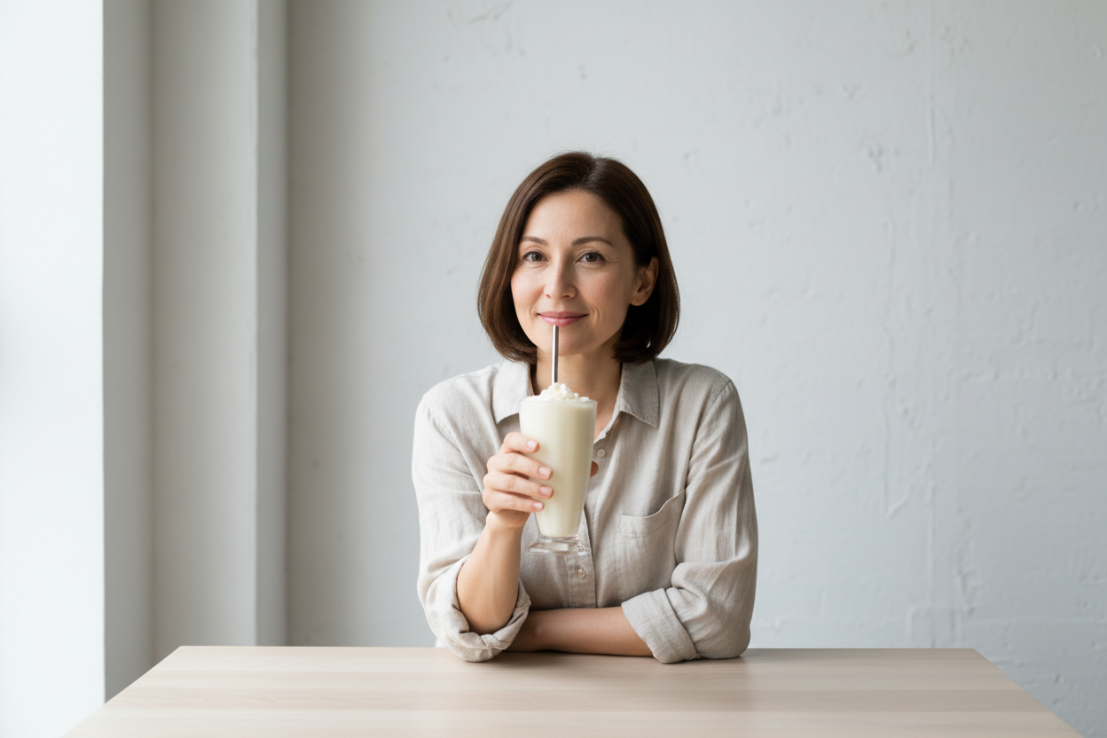 Mujer de 40 años tomando una malteada sencilla con fondo minimalista