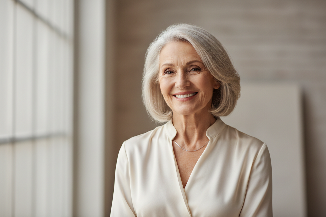 mujer mayor sintiendose bien porque se ve bonita y está bien con su rostro, con fondo minimalista